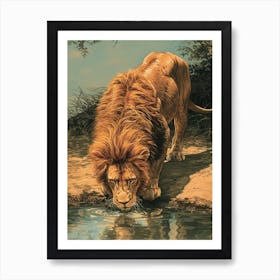 Barbary Lion Relief Illustration Drinking 3 Art Print