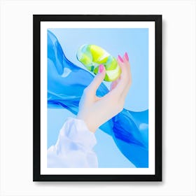 Hand Holding A Blue And Green Bottle Art Print