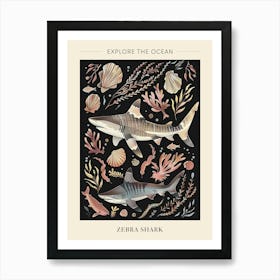 Zebra Shark Seascape Black Background Illustration 2 Poster Art Print
