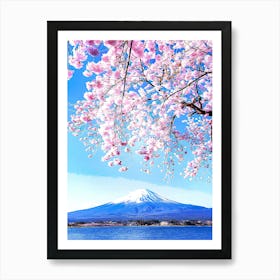 Fuji Mountain And Pink Sakura Branches At Kawaguchiko Lake, Japan Art Print