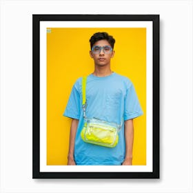 18 Year Old Male Clad In Light Blue T Shirt Transparent Glasses Shouldering A Bag Fore Front And Art Print