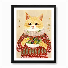 Cute Tan Cat Eating A Salad Folk Illustration 3 Art Print