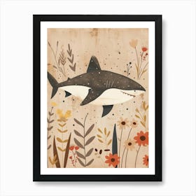 Muted Pastel Cute Shark With Flowers Illustration 4 Art Print