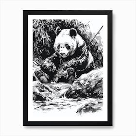 Giant Panda Fishing In A Stream Ink Illustration 3 Art Print