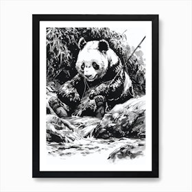 Red Panda Fishing In A Stream Ink Illustration 3 Art Print by