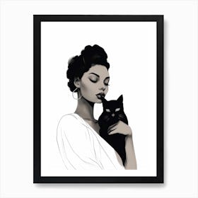 Black Woman With Cat,lineart Art Print