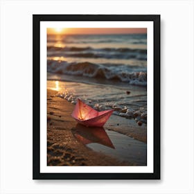 Paper Boat On The Beach At Sunset Art Print