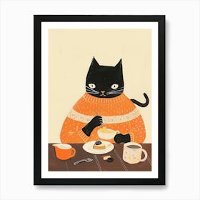 Black And Orange Cat Having Breakfast Folk Illustration 2 Art Print