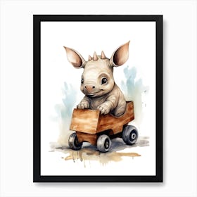 Baby Rhino On A Toy Car, Watercolour Nursery 0 Art Print