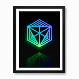 Neon Blue and Green Abstract Geometric Glyph on Black n.0051 Art Print