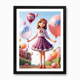 3d Animation Style Balloons Flying Around Near Future Smiling 3 Art Print