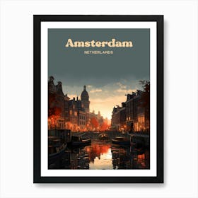 Amsterdam Netherlands Sunset Canal Ride Travel Illustration Art Print