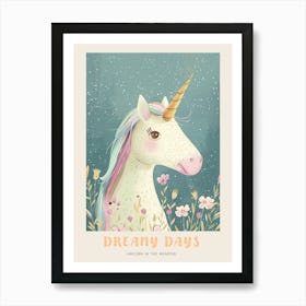 Pastel Storybook Style Unicorn In The Flowers 2 Poster Art Print