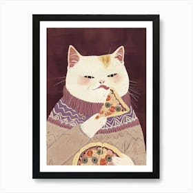 Cute White Cat Pizza Lover Folk Illustration 2 Art Print