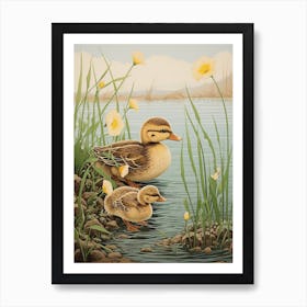Ducklings In The Flowers Japanese Woodblock Style 3 Art Print