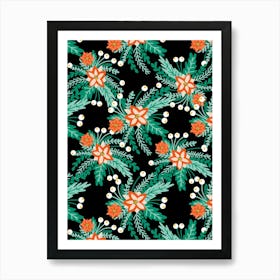 Red and White Poinsettia Flower Clusters with Berries on Black Art Print