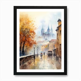 Prague Czech Republic In Autumn Fall, Watercolour 1 Art Print