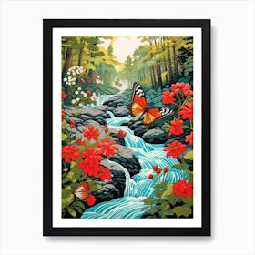 Butterfly With Stream Japanese Style 2 Art Print