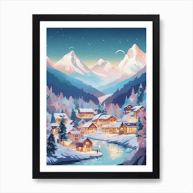 Winter Travel Night Illustration Chamonix France 2 Art Print