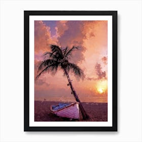 Boat On The Beach Near The Palm Tree Oil Painting Landscape Art Print