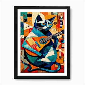 Cat Playing Guitar Inspired by Picasso Art Print