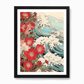 Great Wave With Sweet William Flower Drawing In The Style Of Ukiyo E 3 Art Print