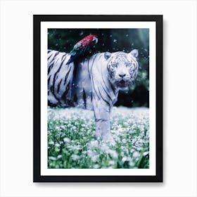 White Tiger And Parrow Under Dandelions Art Print