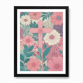 Pink Cross With Flowers Art Print