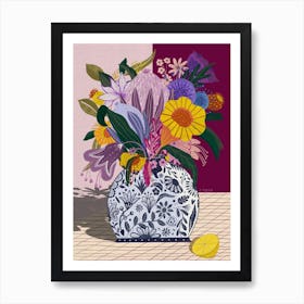 Still Life Protea Flowers Purple Yellow Lime Art Print