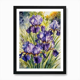 Iris Flowers - Spring in an English Garden Irises Watercolor Large Artwork | HD Painting by John Arwen Art Print