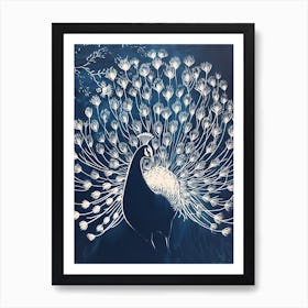 Navy Blue Linocut Inspired Peacock With Feathers Out 4 Art Print
