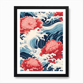 Great Wave With Peony Flower Drawing In The Style Of Ukiyo E 3 Art Print