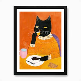 Black And Orange Cat Having Breakfast Folk Illustration 1 Art Print