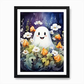 Cute Bedsheet Ghost, Botanical Halloween Watercolour 66 Art Print