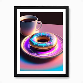 A Donut On A Plate With A Coffee Next To It Holographic 1 Art Print