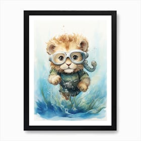 Scuba Diving Watercolour Lion Art Painting 4 Art Print