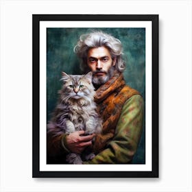 Portrait Of A Man Holding A Cat Art Print