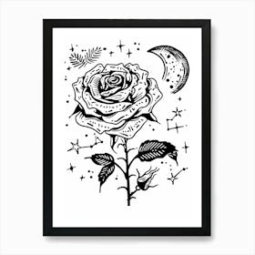 Roses And The Moon Line Drawing 3 Art Print