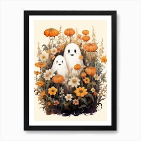 Cute Bedsheet Ghost, Botanical Halloween Watercolour 69 Art Print