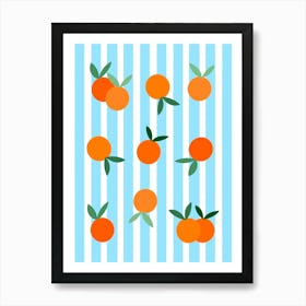 Oranges On A Blue Stripe Background Art Print