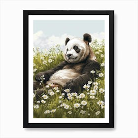 Giant Panda Resting In A Field Of Daisies Storybook Illustration 3 Art Print