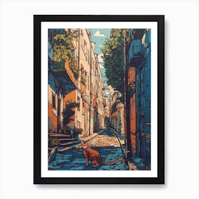 Painting Of Budapest Hungary With A Cat In The Style Of Line Art 1 Art Print