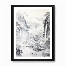 Iya Valley In Tokushima, Ukiyo E Black And White Line Art Drawing 3 Art Print