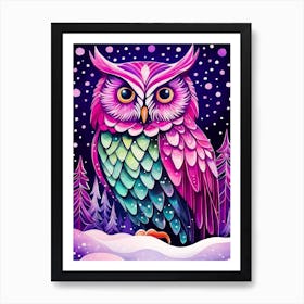 Pink Owl Snowy Landscape Painting (108) Art Print