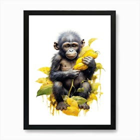 Baby Gorilla Art With Bananas Watercolour Nursery 2 Art Print