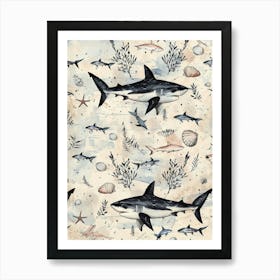 Pastel Beige Angel Shark Illustration Pattern Art Print