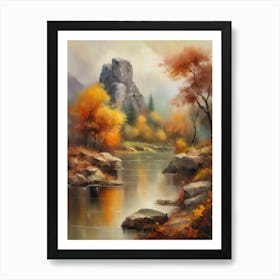 Autumn Lake,Forest Lake, Vintage Oil Painting, Farmhouse Wall Decorations, Antique Landscape, Vintage Landscape Oil Painting.3 6 Art Print