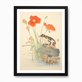 Frog And Flowers, Matsumoto Hoji Inspired Japanese Woodblock 1 Art Print