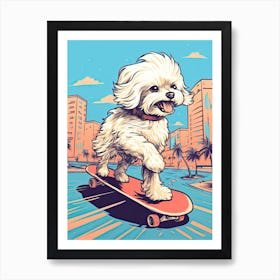 Maltese Dog Skateboarding Illustration 3 Art Print