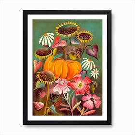 Harvest With Pumpkin And Sunflowers Art Print